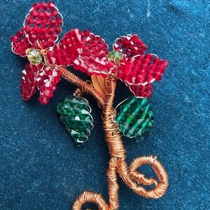 Elegant Mindy Lam Red and Green Crystal Flower Brooch